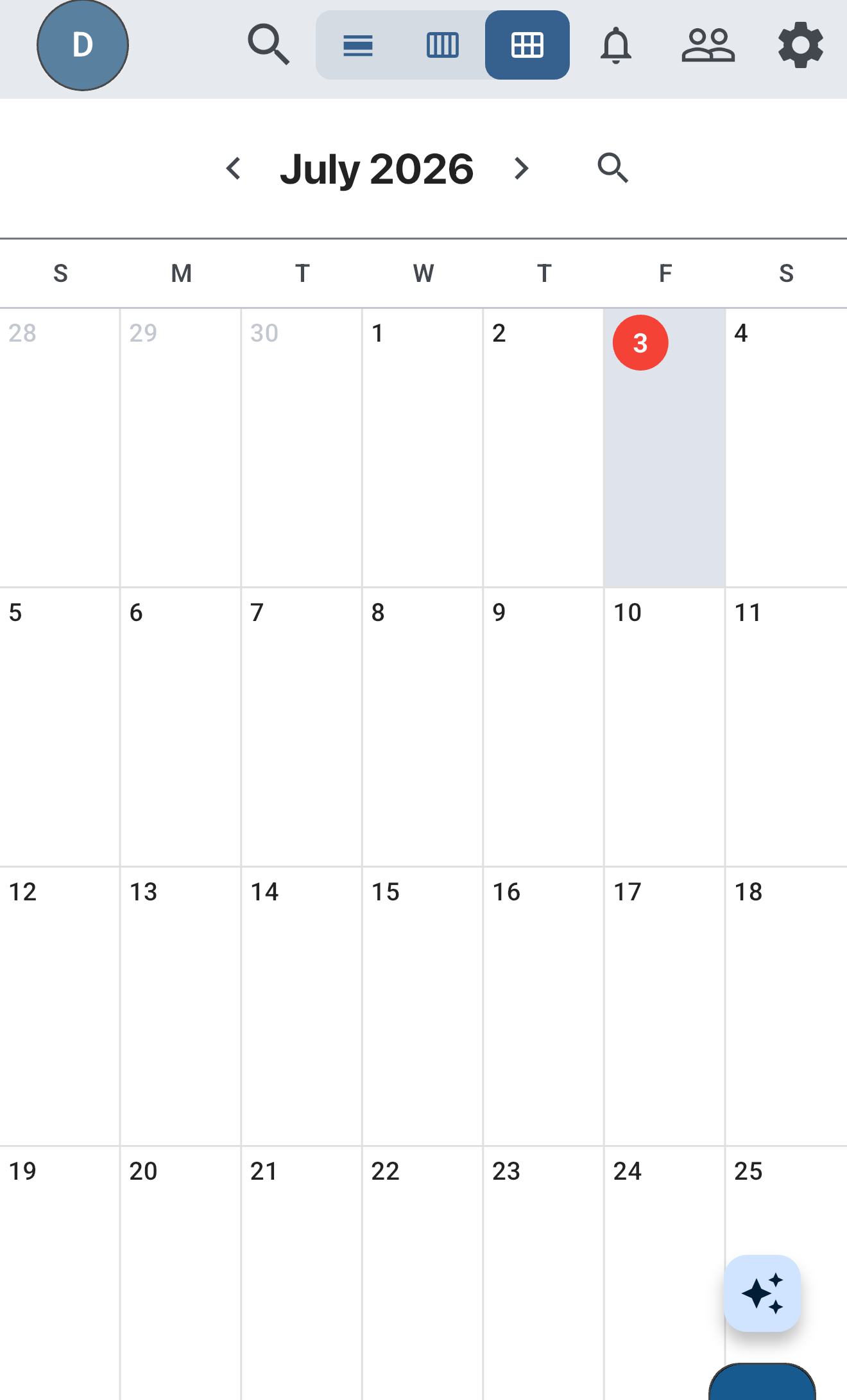 The Calendar in Month view showing July 2026 with today's date highlighted, and the Day/Week/Month view toggle at the top.