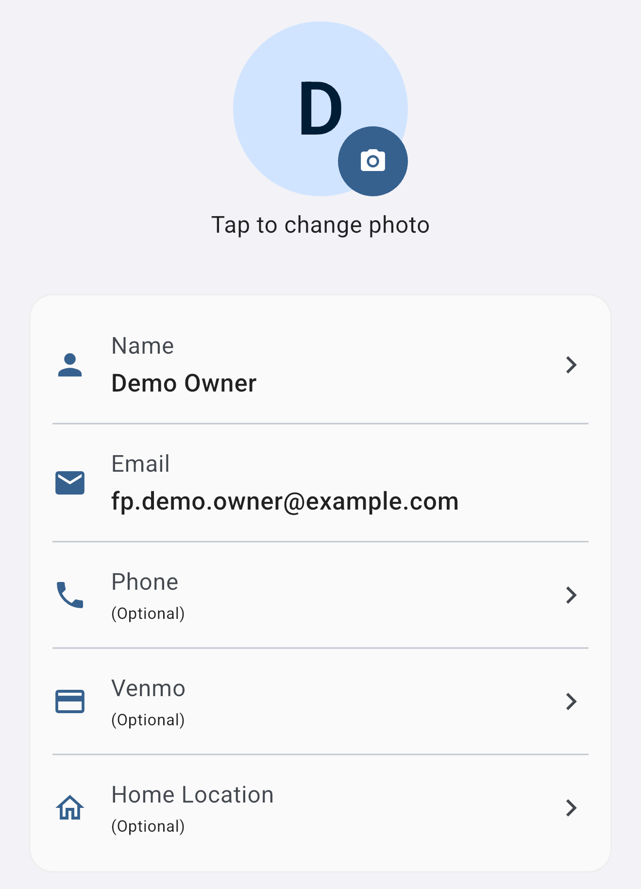 The profile screen in Settings showing the avatar with Tap to change photo, and fields for Name, Email, Phone, Venmo, and Home Location.