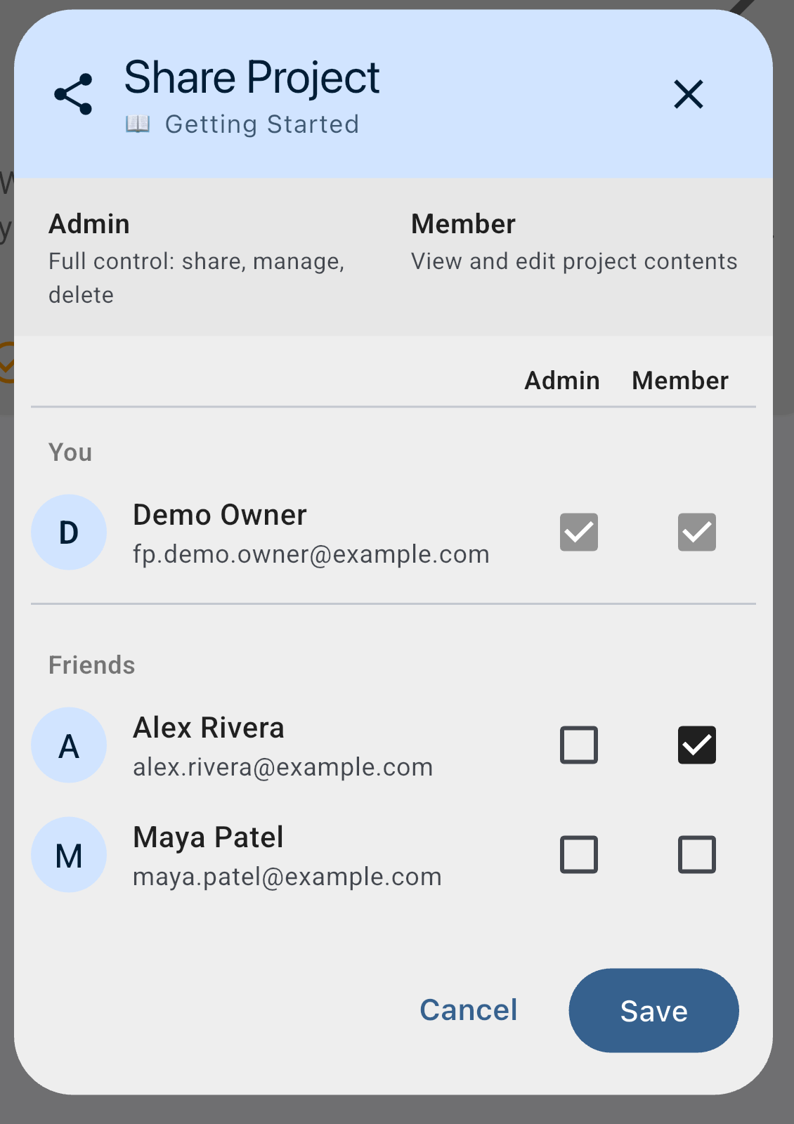 The Share Project dialog with the friend Alex Rivera's Member box checked, ready to Save and send the invitation.