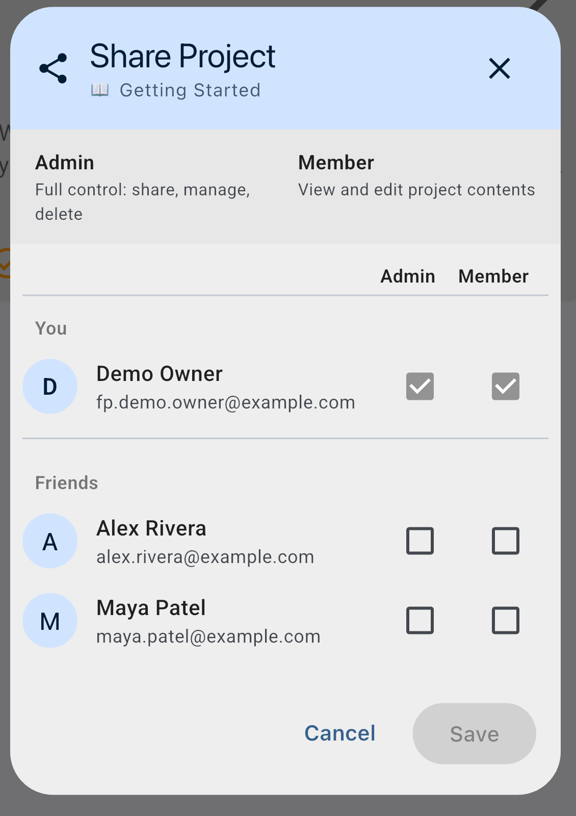 The Share Project dialog listing friends by name with their email beneath, with Admin and Member checkboxes next to each friend