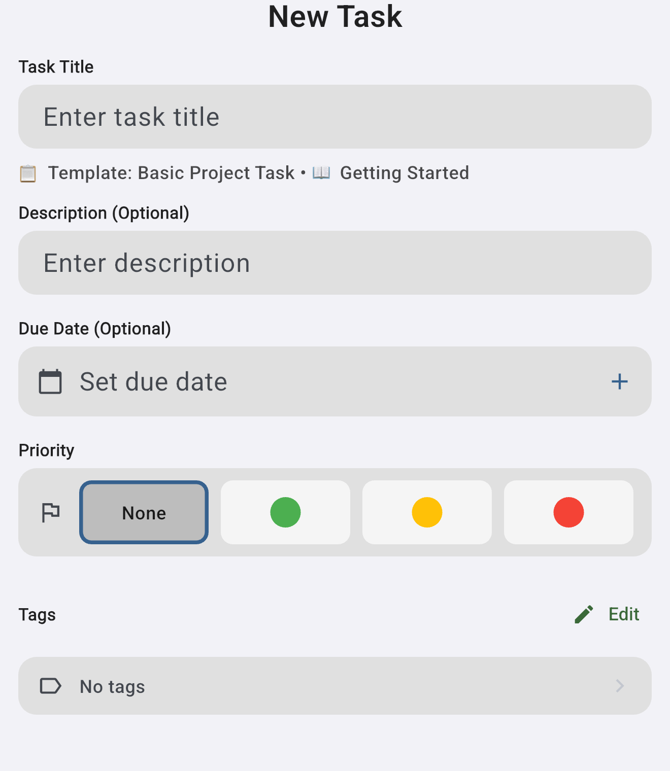 The New Task form with fields for task title, description, an optional due date, a priority selector (None, green, yellow, red), and tags.