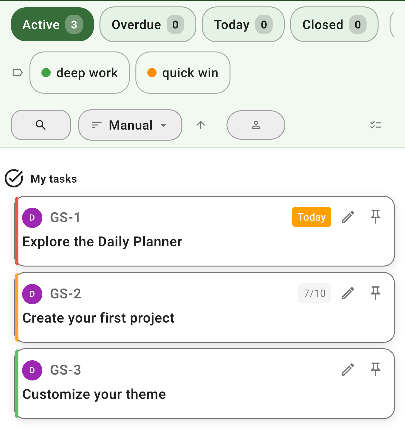 A project task list. Each card shows a coloured priority bar on its left edge (red for high, orange for medium, green for low), the task key, title, and a due-date badge. Filter pills and a sort control sit above.