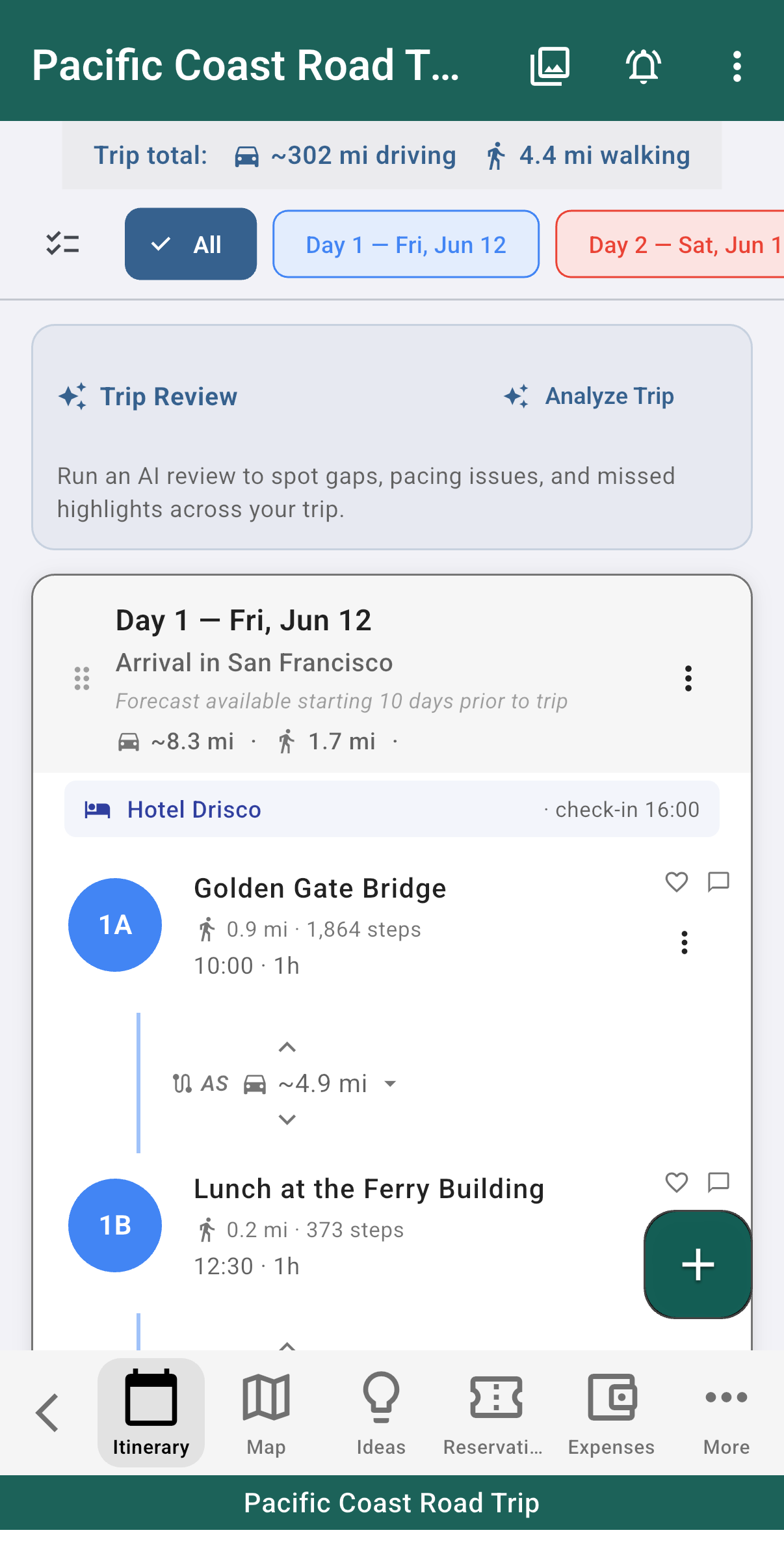 Trip itinerary showing Day 1 with a hotel reservation, timed stops, and walking and driving distances