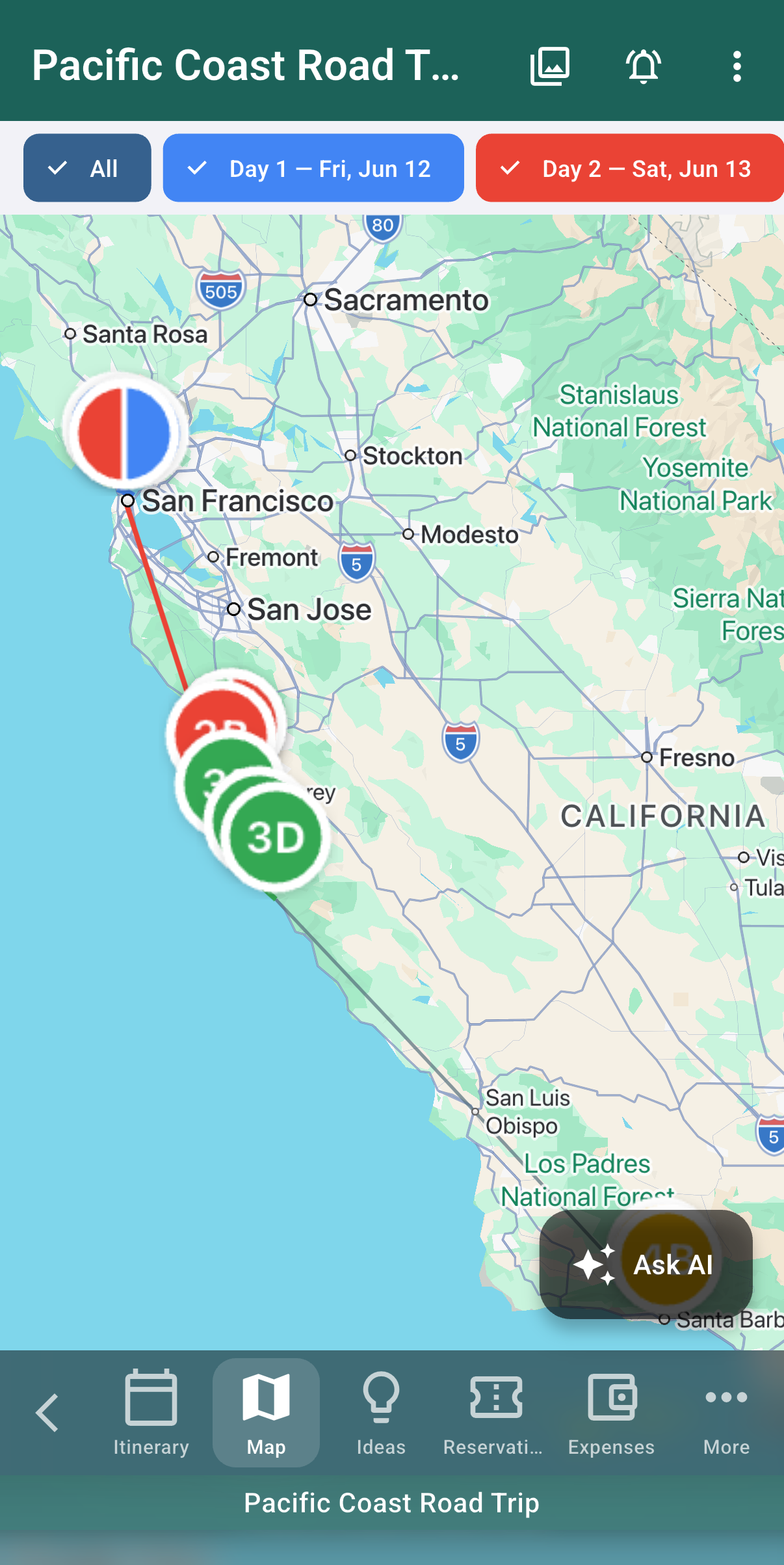 Trip map showing stops along the California coast with the route between them